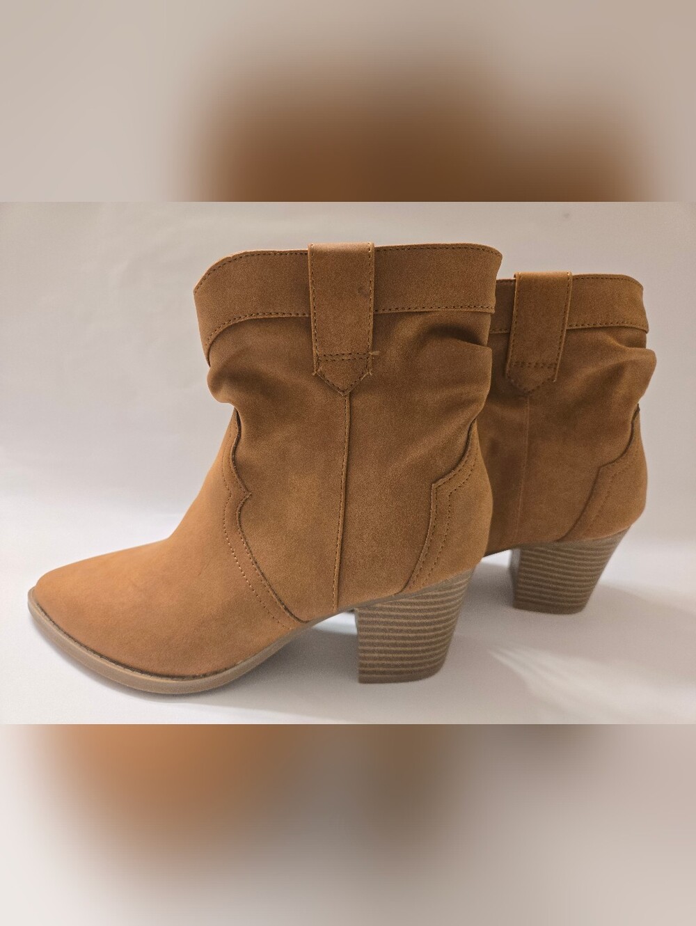 Time and Tru Tan Suede Block Heel Western Ankle Boots